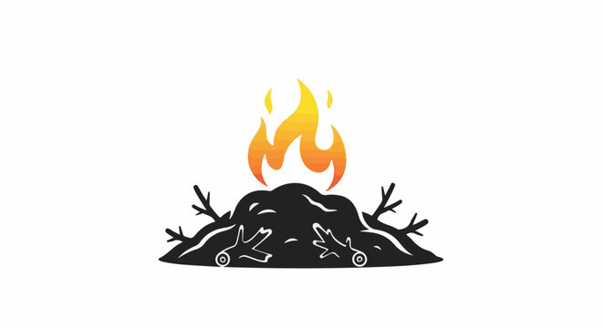 Black pile with orange and yellow flames on top, surrounded by twigs