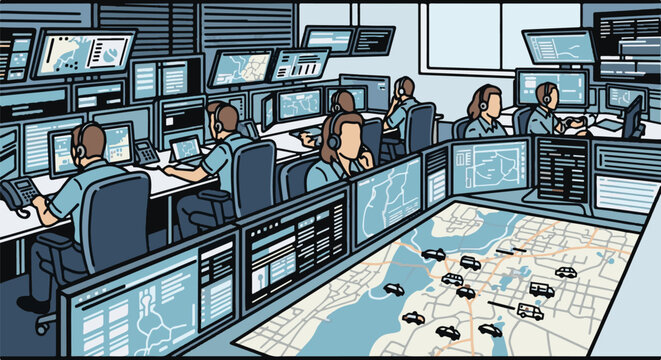 Busy control room with multiple monitors and personnel monitoring operations