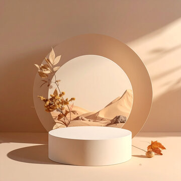 Minimalist desert scene with podium and dried plant