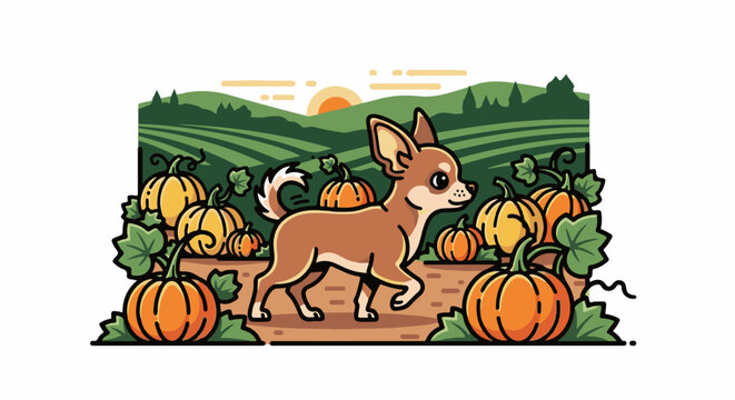 Cartoon chihuahua dog walks through a pumpkin patch at sunset