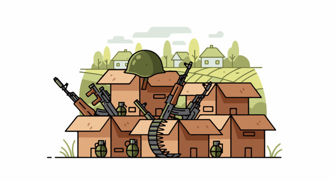 Cartoon depiction of boxes filled with weapons and a military helmet