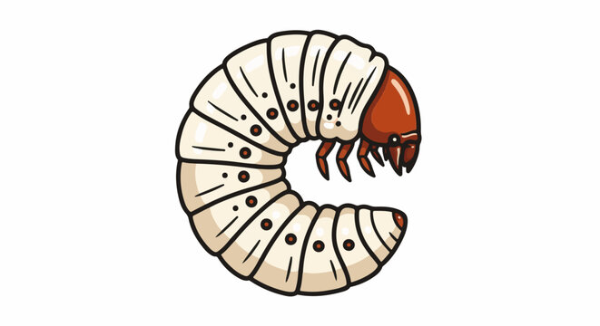 Cartoon depiction of a curled white grub with a brown head and legs