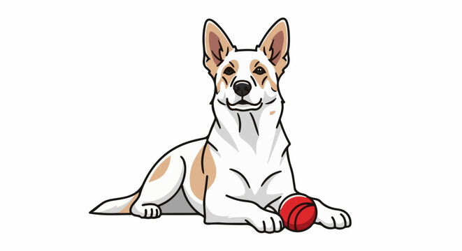 Cartoon dog with tan markings lies down with a red ball