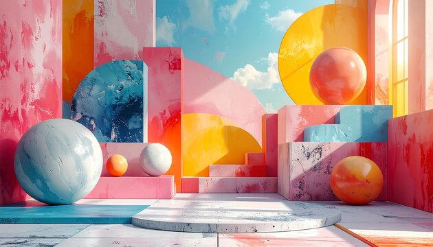 Abstract architectural composition with vibrant colors and geometric forms