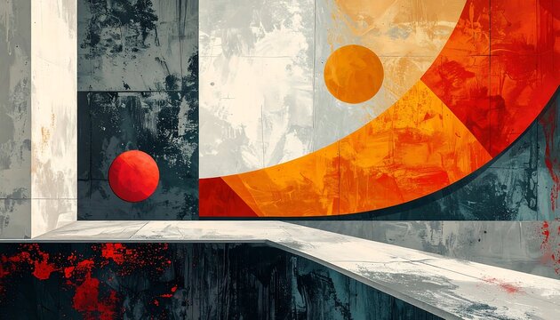 Abstract architectural artwork featuring geometric shapes and vibrant color blocks against textured walls