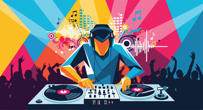 A colorful illustration of a DJ performing