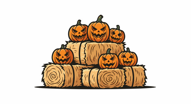 Carved pumpkins sit atop stacked hay bales, creating a festive Halloween display