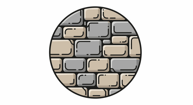 Circular graphic of a stone wall pattern in gray and tan hues
