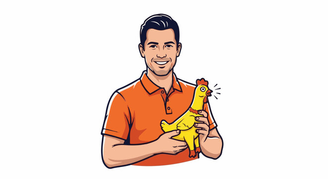 Cheerful man in orange shirt holding a squeaky yellow chicken toy