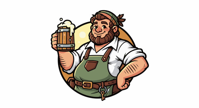 Cheerful man with beard in lederhosen and apron holds a frothy beer mug