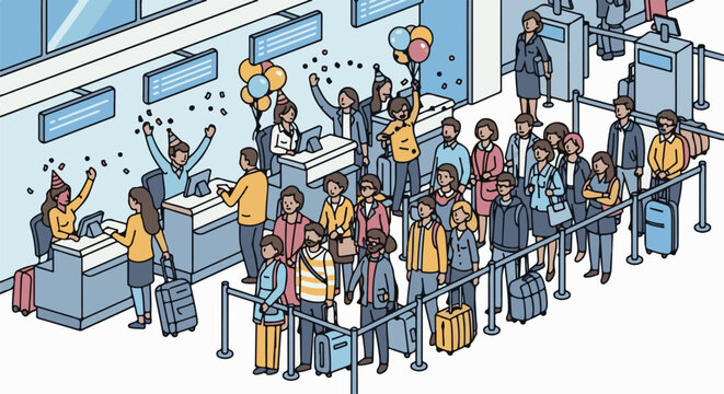 Cheerful travelers in festive hats and balloons queue at airport check-in