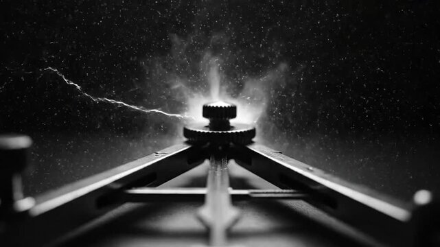 Surreal black and white compass illustration with a cosmic, electrical storm background