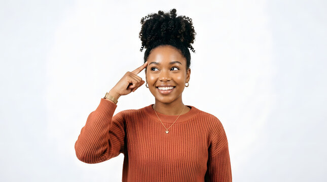Young Black Woman with Curly Hair Gesturing to Her Temple with a Thoughtful Expression and a Smile PNG Isolated on transparent background