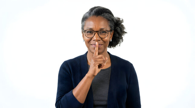 Mature African American woman with glasses and curly hair making a shushing gesture with her finger to her lips PNG Isolated on transparent background