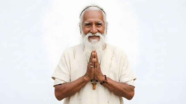 Smiling elderly man with long white beard and traditional clothing praying with hands together in greeting gesture PNG Isolated on transparent background