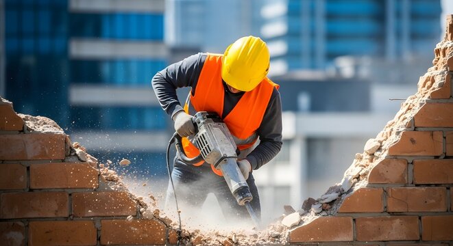 Happy labor day construction worker demolishing brick wall on a sunny day
