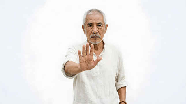 Elderly Asian man with gray hair and mustache holds up hand in stop gesture, wearing a light colored linen shirt, serious expression PNG Isolated on transparent background