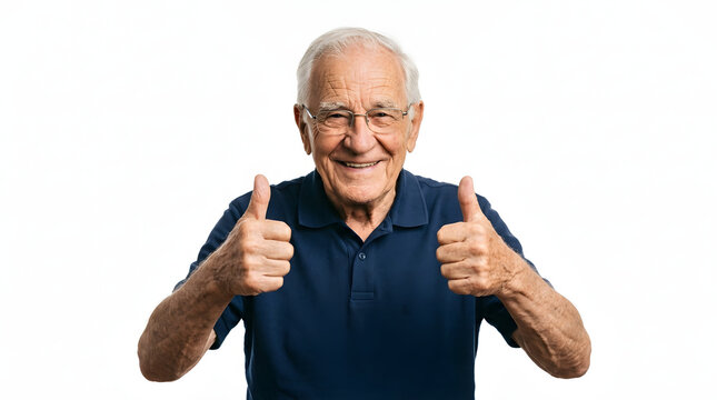 Happy elderly man with glasses giving two thumbs up and smiling warmly, showing approval and positivity PNG Isolated on transparent background