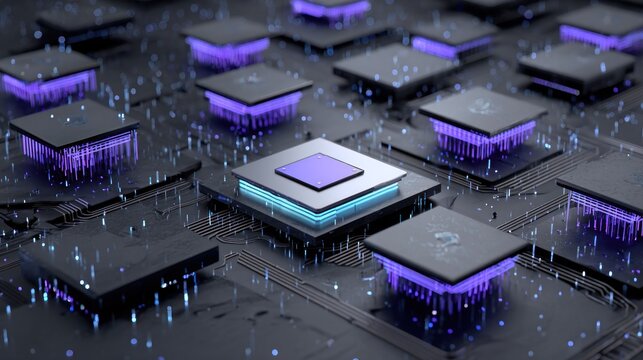 Array of illuminated microprocessors populates a complex digital circuit board surface
