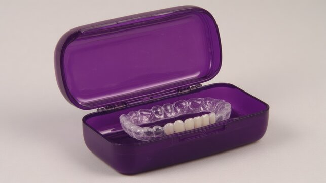 Clear orthodontic appliance rests inside an open purple plastic retainer case