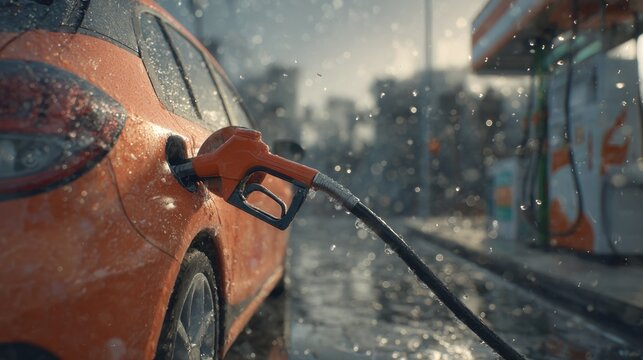 Automobile refueling process occurs during wet weather conditions at an outdoor service station