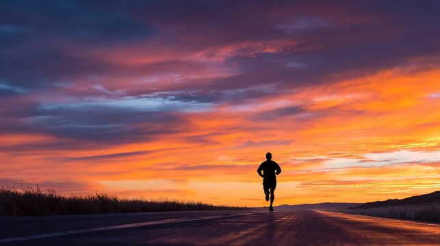 marathon. Silhouette of a runner at sunset with vibrant sky, conveying motion and energy in high contrast. inspiring travel planning.