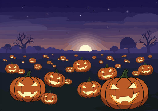A cartoon illustration of a spooky pumpkin patch at dusk