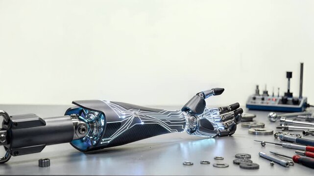 Blue neural pathway hologram pulsing along a carbon fiber prosthetic limb