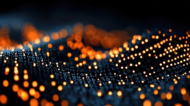 Glowing digital information flows across a dark, undulating surface of abstract code.