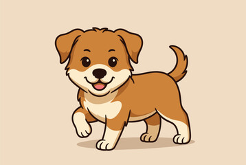 Fototapeta premium Adorable cartoon illustration of a happy brown puppy walking and smiling on a simple warm background.