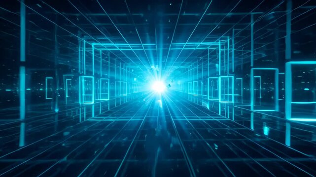 Digital abstract background concept network futuristic tunnel glowing blue light data grid cyberspace technology perspective line space depth connection virtual innovation motion portal search engine
