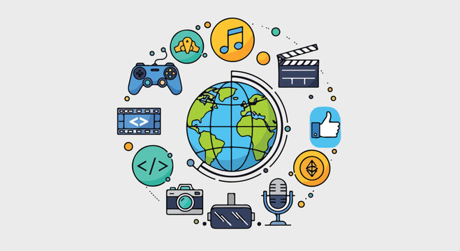 A colorful illustration of a globe surrounded by various media and technology icons