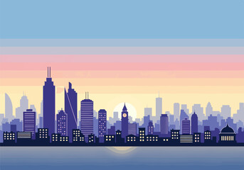 A city skyline at sunset with colorful sky © Itachi