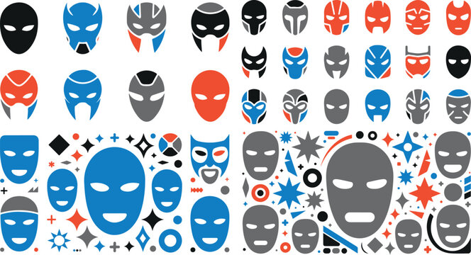 Collection of various colorful masks and decorative elements on white background