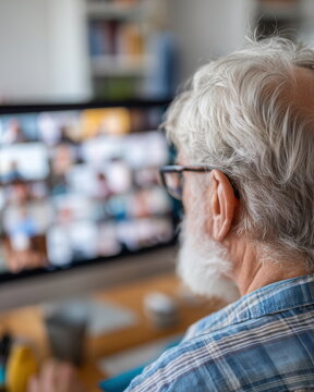 Senior man with glasses watches video call on screen. White hair and beard show calm focus. He sits at wooden desk, hands resting gently. Multiple faces appear on monitor, suggesting connection