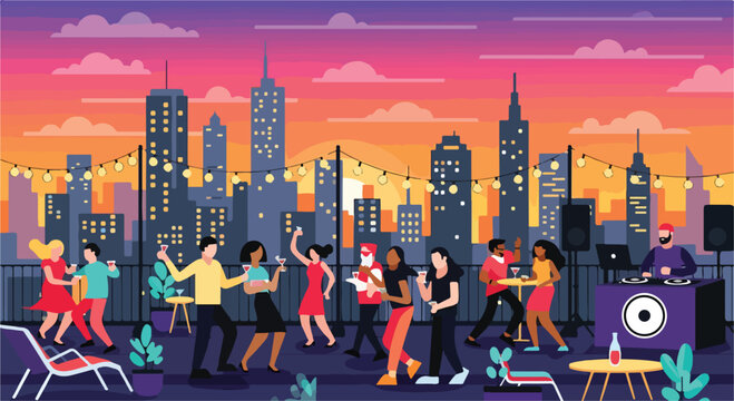 A vibrant rooftop party with people dancing and socializing