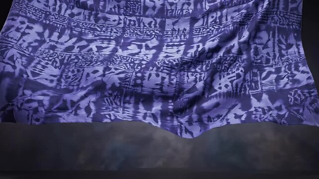 A piece of purple patterned silk fabric floating through the air and settling elegantly into a clean presentation banner layout.
