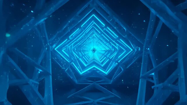 Digital abstract background with glowing blue geometric tunnel and dark futuristic light pattern, blue neon geometric tunnel glowing futuristic pattern light symmetry depth perspective portal