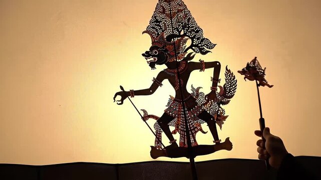 A puppeteer or dalang performs a traditional Javanese wayang kulit shadow puppet show behind a screen lit by a warm backlight.

