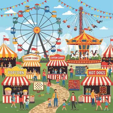A vibrant scene depicting a joyful fair with various attractions