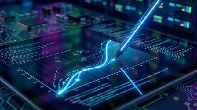 Digital pen drawing upward financial trend on futuristic data screen with glowing blue lines