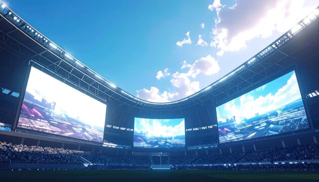 Multiple large digital broadcast screens in a professional stadium.