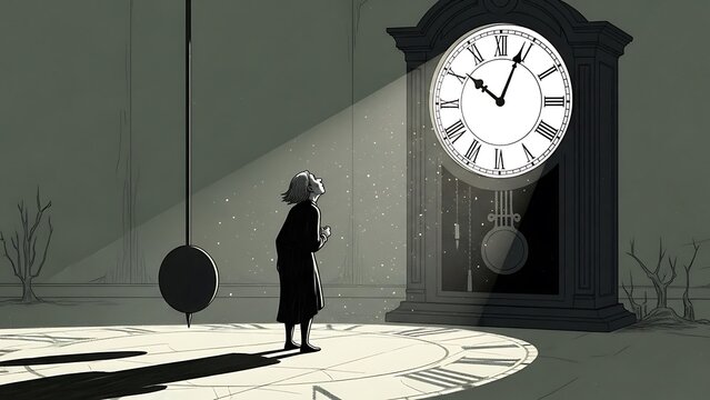 Business professional checking time on large clock in modern office.
