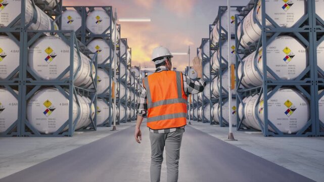 Back of Asian Male Engineer Waving Hand Saying Bye While Walking with Chemical Tanks