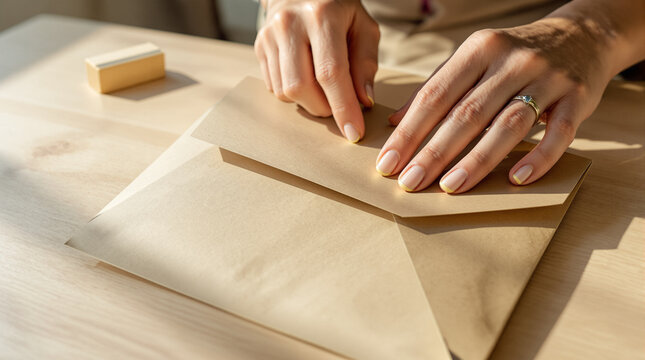 Sustainable Packaging Production Scene with Hands Sealing Brown Paper Envelope on Wooden Table