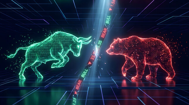 Digital bull and bear market symbols facing off in futuristic neon trading environment