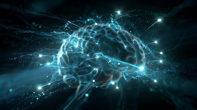 Futuristic 3D visualization of a human brain with glowing blue electrical synapses and neural networks firing against a black background representing artificial intelligence and deep learning.
