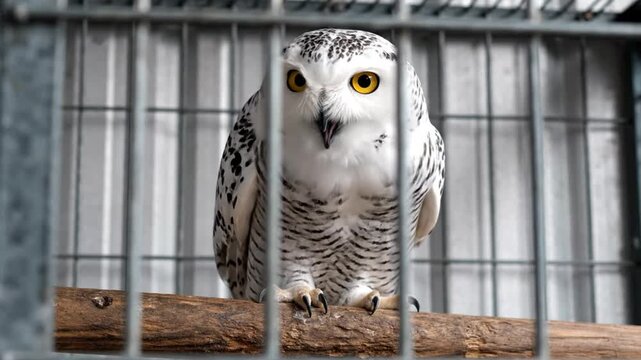 Snowy owl perched on a wooden branch inside a cage looking at the camera and calling, wildlife animal