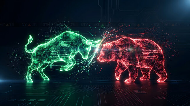 Digital bull and bear market icons colliding in neon cyber trading glow