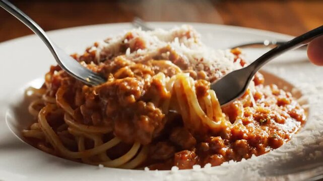 Delicious spaghetti with meat sauce being twirled on forks and covered in parmesan cheese, steam rising.